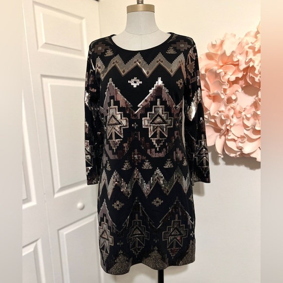 Express black Jersey Knit Stretch Mini Dress with Gold Sequin Design Size Largee - Picture 3 of 6